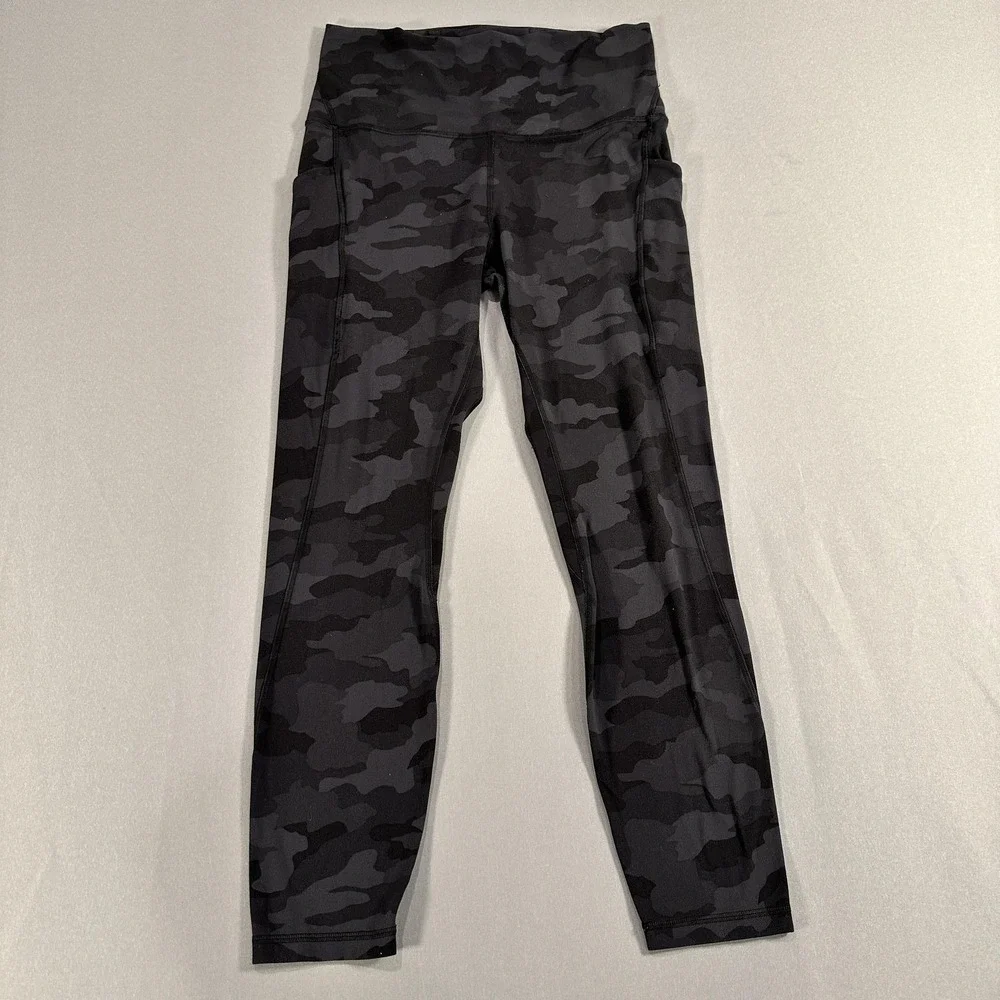 Lululemon Leggings Womens 10 Black Camo High Rise Ankle Pockets Yoga Athletic